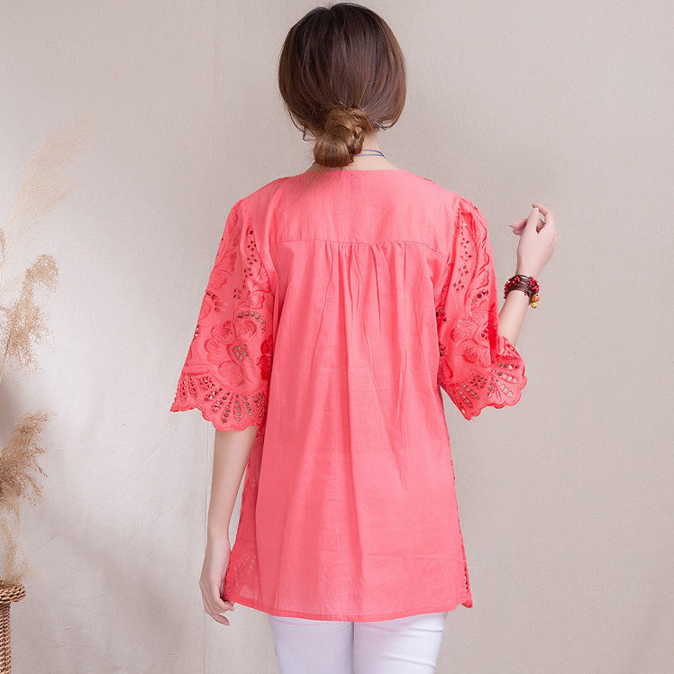 Hollow Out Floral Embroidery Loose Traditional Chinese Blouse