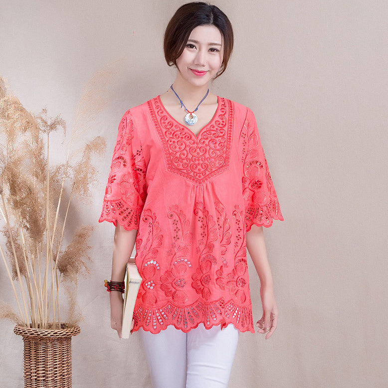Hollow Out Floral Embroidery Loose Traditional Chinese Blouse – IDREAMMART