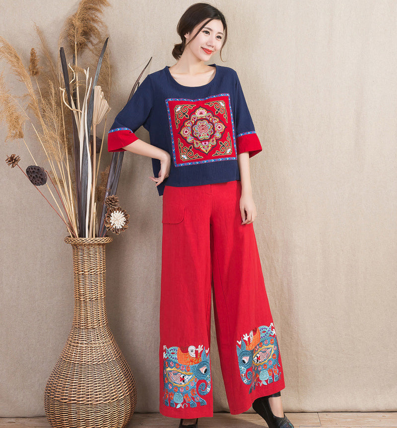 Round Neck Floral Embroidery Retro Chinese Blouse