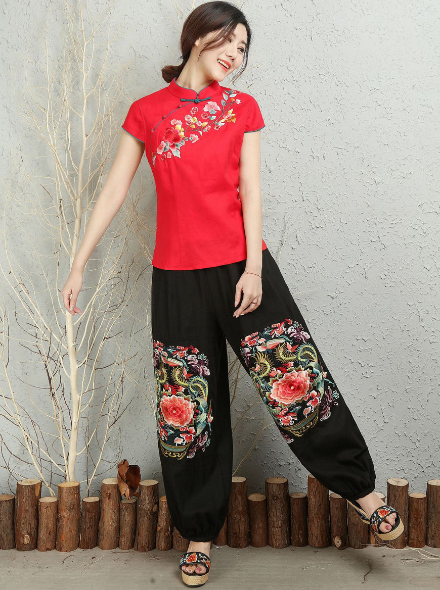 Mandarin Collar Floral Embroidery Cheongsam Top Traditional Chinese Blouse
