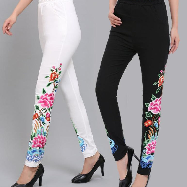 Floral Embroidery Fleece-lined Chinese Style Women's Skinny Pants Legg –  IDREAMMART