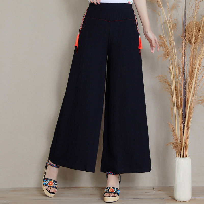 Floral Embroidery Chinese Style Women's Loose Pants with Tassels –  IDREAMMART