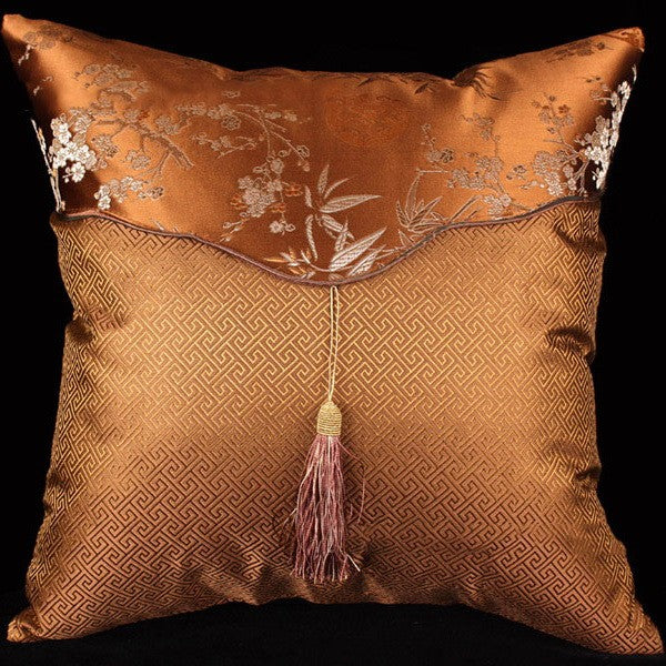 Pair of Floral Brocade Traditional Chinese Cushion Covers with Tassel