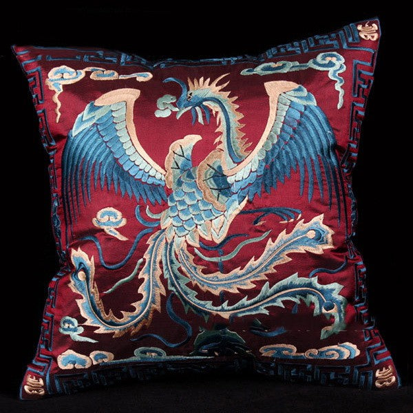 Pair of Phoenix Embroidery Taffeta Traditional Chinese Cushion Covers