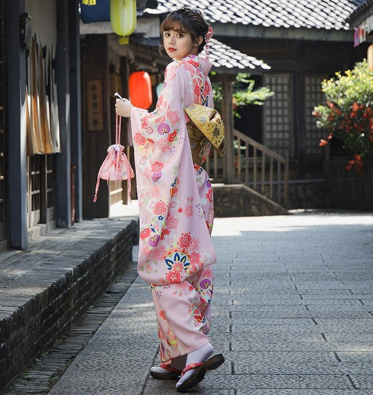 Japanese Blue pink red kimono traditional floral dress women traditional Japanese  kimono yukata women japan clothing