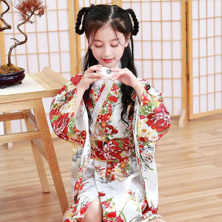 Girl's Traditional Japanese Kimono Floral Silk Yukata Girl's Traditional Japanese Kimono Floral Silk Yukata