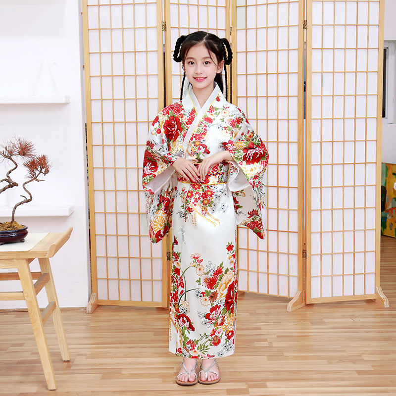 Girl's Traditional Japanese Kimono Floral Silk Yukata – IDREAMMART