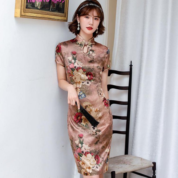 Cap Sleeve Knee Length Floral Silk Cheongsam Chinese Dress Brown / M Cap Sleeve Knee Length Floral Silk Cheongsam Chinese Dress Brown / M