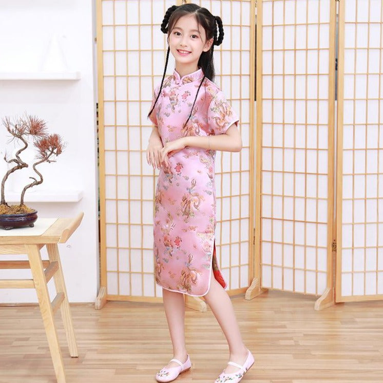Dragon & Phoenix Pattern Brocade Kid's Cheongsam Chinese Dress – IDREAMMART