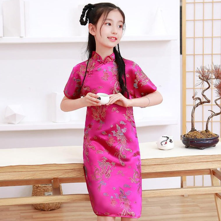 Dragon & Phoenix Pattern Brocade Kid's Cheongsam Chinese Dress – IDREAMMART