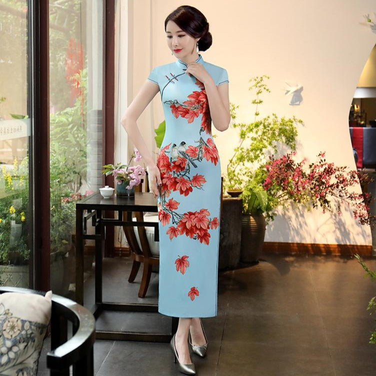chinese print satin dress Traditional Chinese Women's Silk Satin Cheongsam Phoenix Print Slim Long Dress