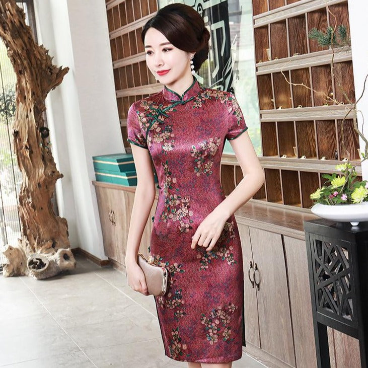 Classic Floral Silk Cheongsam Knee Length Chinese Dress Evening Gown ...