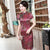 Classic Floral Silk Cheongsam Knee Length Chinese Dress Evening Gown
