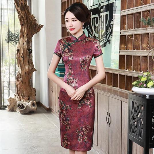 Classic Floral Silk Cheongsam Knee Length Chinese Dress Evening Gown