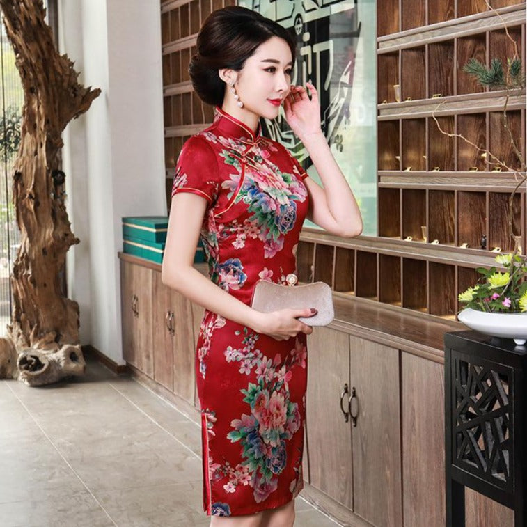Plus Size Floral Silk Cheongsam Knee Length Chinese Dress Day Dress ...