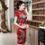 Plus Size Floral Silk Cheongsam Knee Length Chinese Dress Day Dress