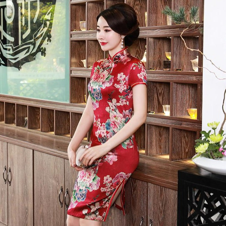 Plus Size Floral Silk Cheongsam Knee Length Chinese Dress Day Dress ...