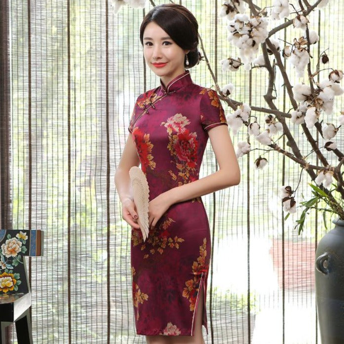 Plus Size Floral Silk Cheongsam Mini Chinese Dress Day Dress – IDREAMMART