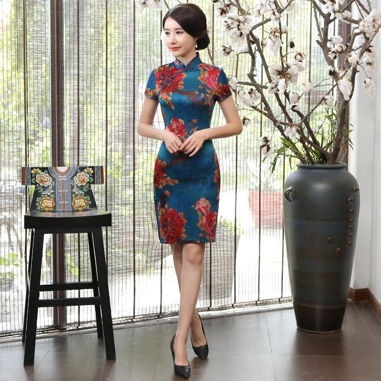 chinese silk mini dress EastFlair Women's Green Floral Print Waist Cinched Mini Dress,Elegant Summer Cheongsam Chinese Style Oriental Clothes,Suitable For Dates And Party Dress