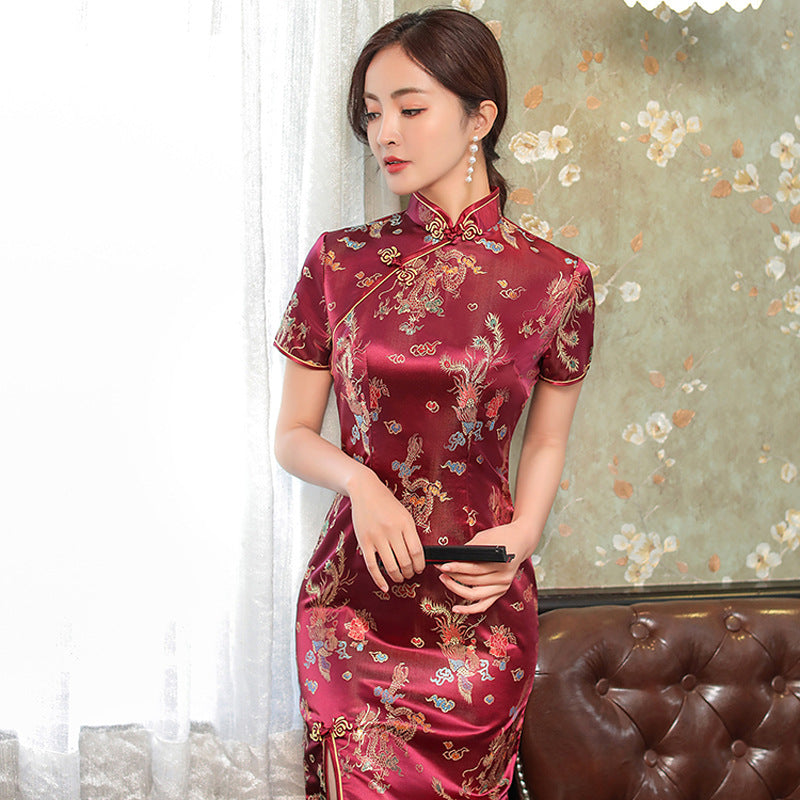 HangErFeng Qipao Abiti da donna di seta Cheongsam Ricamato Cinese Tradizionale Abito Rosso HangErFeng Qipao Abiti da donna di seta Cheongsam Ricamato Cinese Tradizionale Abito Rosso