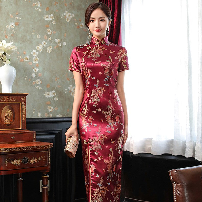Dragon & Phoenix Pattern Brocade Open Front Classic Cheongsam Chinese Dress Burgundy / S Dragon & Phoenix Pattern Brocade Open Front Classic Cheongsam Chinese Dress Burgundy / S