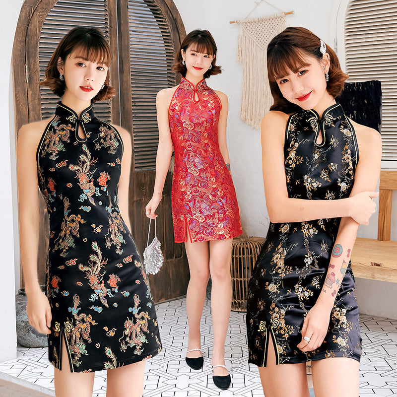 Halter Top Dragon & Phoenix Pattern Brocade Mini Cheongsam Chic Chinese Dress