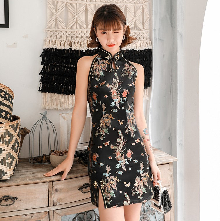 Halter Top Dragon & Phoenix Pattern Brocade Mini Cheongsam Chic Chines – IDREAMMART