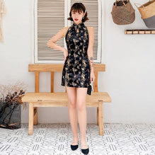 Halter Top Brocade Mini Cheongsam Chic Floral Chinese Dress