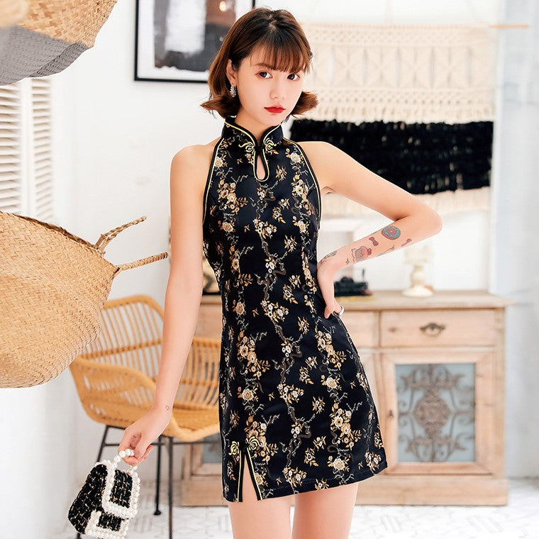 Halter Top Brocade Mini Cheongsam Chic Floral Chinese Dress Black / XXL Halter Top Brocade Mini Cheongsam Chic Floral Chinese Dress Black / XXL