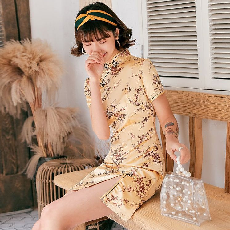 chinese mini dress Pink Lolita Cheongsam | Ruffle Puff Sleeve Qipao | Sweet Style Dress from casual outings to cultural events Tuli Bodycon Dress in Satin