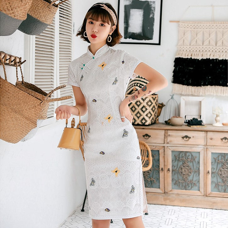 mini chinese dress for women Women's Cheongsam Embroidery Wedding Bride Dress Chinese Mini Qipao Slim Sequins