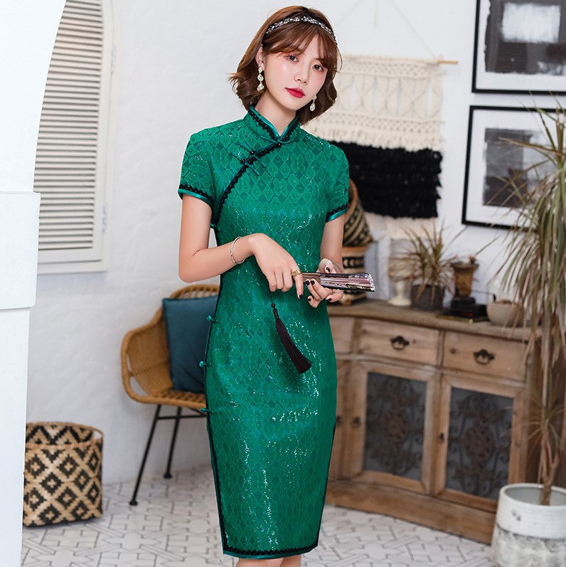 Retro Shanghai Style Short Sleeve Mini Cheongsam Lace Chinese Dress Green / M Retro Shanghai Style Short Sleeve Mini Cheongsam Lace Chinese Dress Green / M