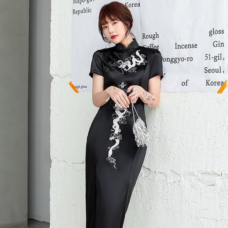 Dragon Embroidery Short Sleeve Open Front Cheongsam Chinese Dress Black / XL Dragon Embroidery Short Sleeve Open Front Cheongsam Chinese Dress Black / XL