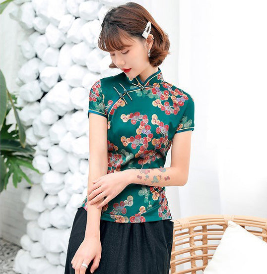Short Sleeve Floral Silk Cheongsam Top Chinese Shirt