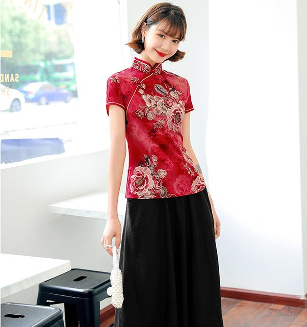 Peony Pattern Short Sleeve Silk Cheongsam Top Chic Chinese Shirt