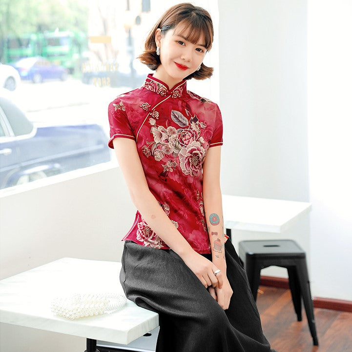 Peony Pattern Short Sleeve Silk Cheongsam Top Chic Chinese Shirt