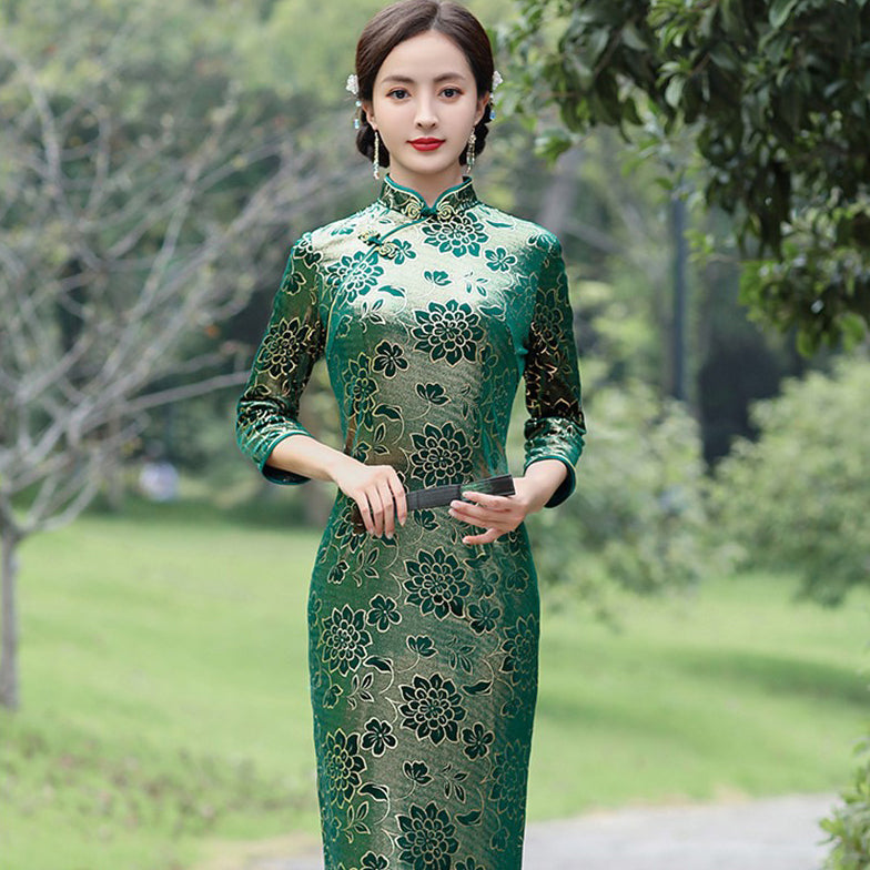 3/4 Sleeve Tea Length Floral Velvet Cheongsam Chinese Dress IDREAMMART 3/4 Sleeve Tea Length Floral Velvet Cheongsam Chinese Dress IDREAMMART