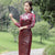 3/4 Ärmel Knielanges Cheongsam Chinesisches Kleid aus Samt mit Blumenmuster