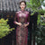 3/4 Ärmel Knielanges Cheongsam Chinesisches Kleid aus Samt mit Blumenmuster