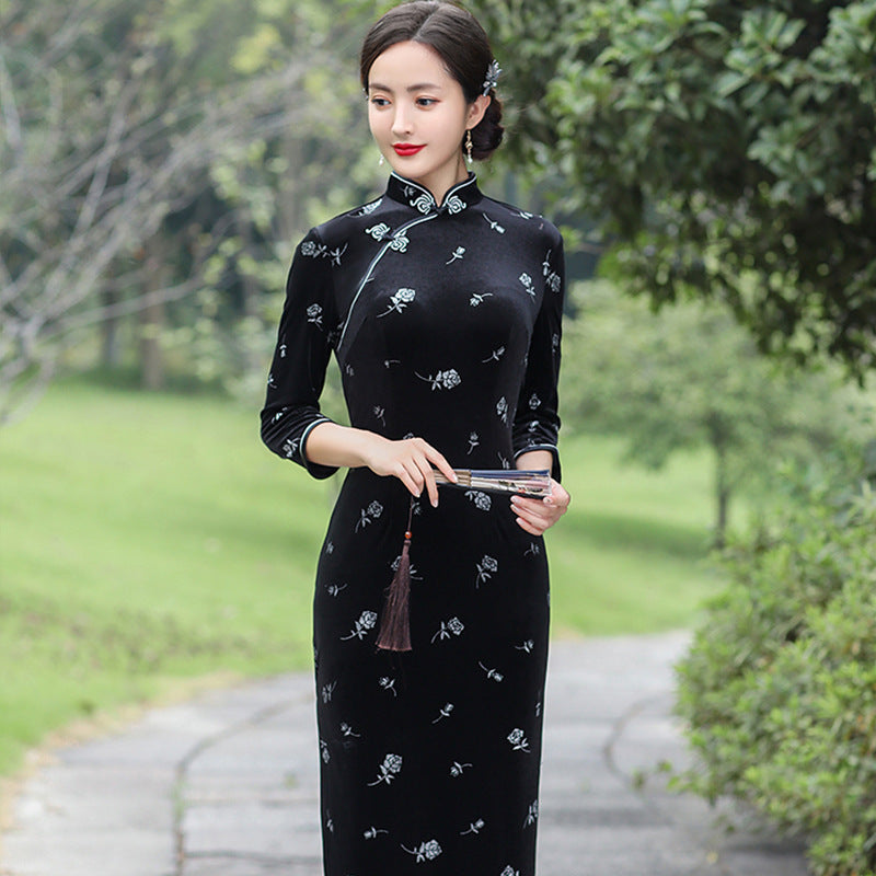 3/4 Sleeve Traditional Floral Velvet Cheongsam Chinese Dress IDREAMMART 3/4 Sleeve Traditional Floral Velvet Cheongsam Chinese Dress IDREAMMART