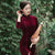 Vestido chino tradicional cheongsam de terciopelo con abertura lateral de manga 3/4