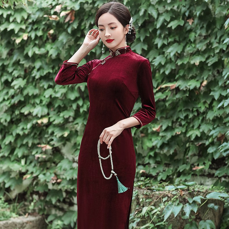 Cheongsam Dress Loose Velvet Dress 3/4 Sleeve Full Length