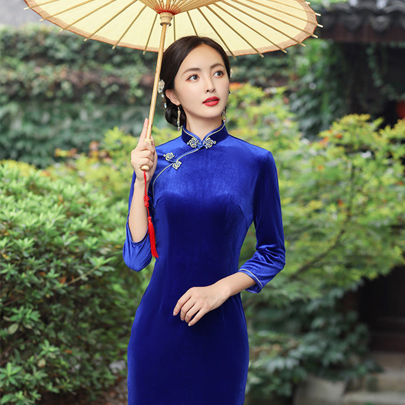 Long Sleeves Velvet Cheongsam Qipao Dress, Red / M Long Sleeves Velvet Cheongsam Qipao Dress, Red / M