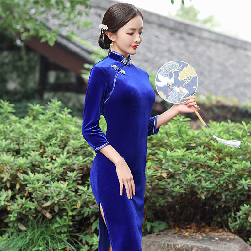 Blue Chinese Long Sleeve Oriental Dress Long Sleeves Velvet Cheongsam Qipao Dress, Red M Blue Chinese Long Sleeve Oriental Dress Long Sleeves Velvet Cheongsam Qipao Dress, Red M