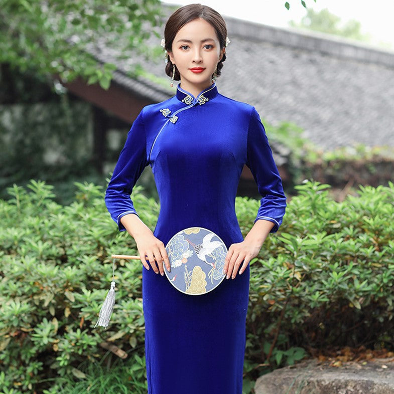 Blue Velvet Royal Blue Chinese Dress Royal Blue Velvet Chinese Dress  Costumes Long Velvet High-end