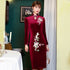 Lange Ärmel Blumenstickerei Knielang Dickes Samt Cheongsam Chinesisches Kleid