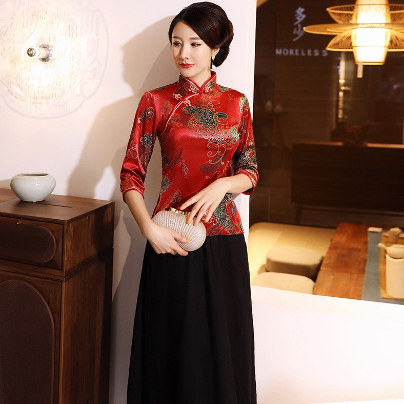 3/4 Sleeve Mandarin Collar Floral Velvet Chinese Shirt Traditional Cos