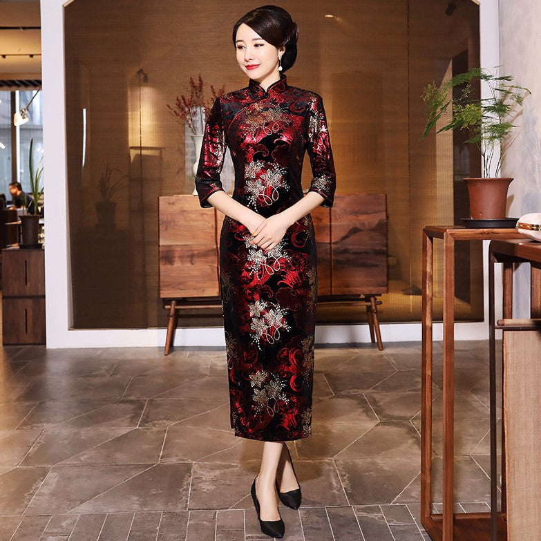 3/4 Sleeve Full Length Floral Velvet Cheongsam Chinese Dress Mother Dress