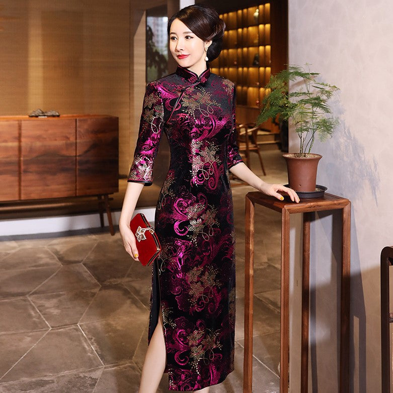 3/4 Sleeve Full Length Floral Velvet Cheongsam Chinese Dress Mother Dress