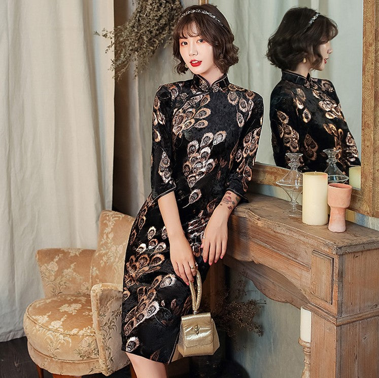 3/4 Sleeve Knee Length Floral Velvet Traditional Cheongsam Chinese Dress Gold / L 3/4 Sleeve Knee Length Floral Velvet Traditional Cheongsam Chinese Dress Gold / L